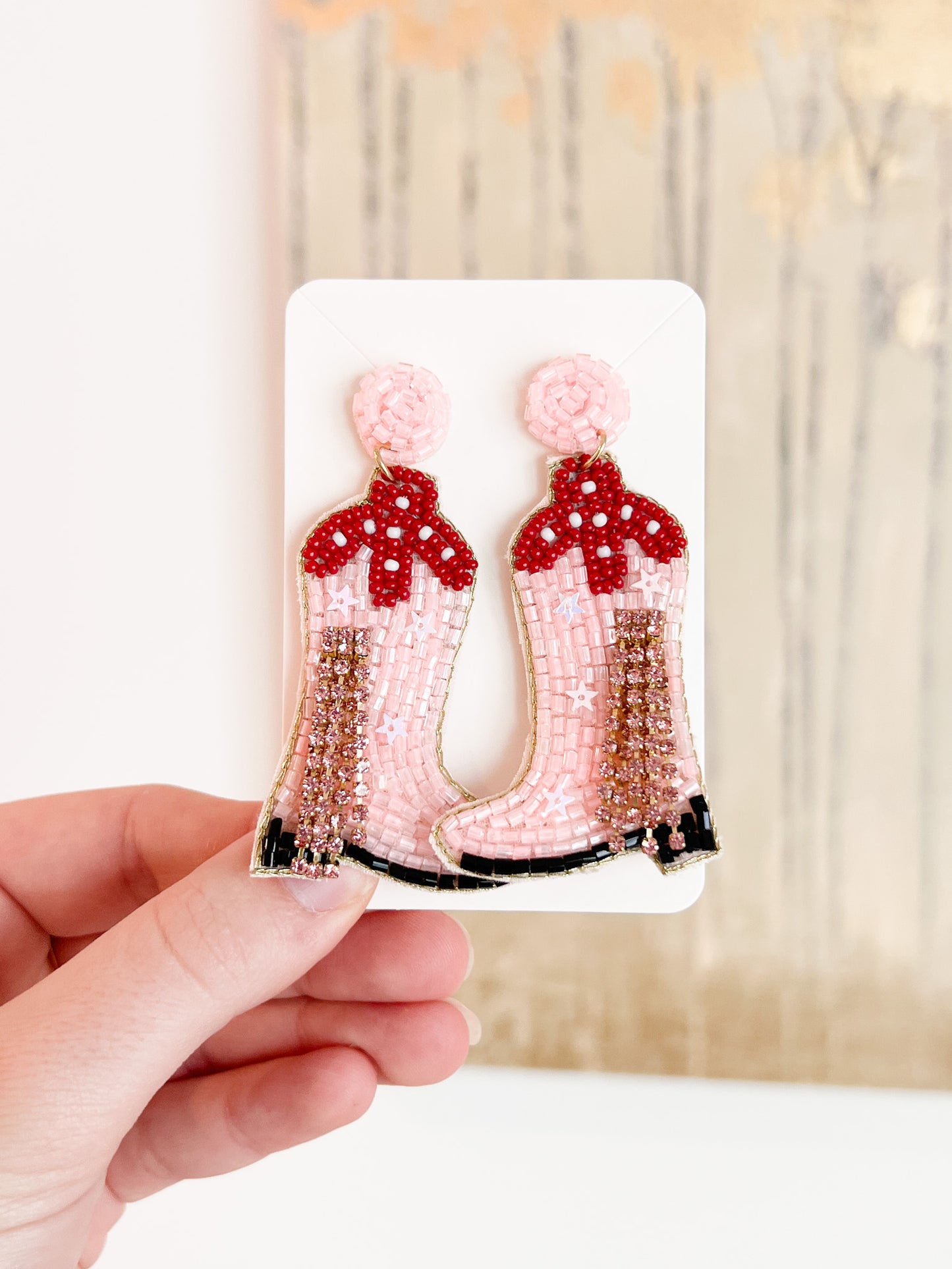 Pink Cowgirl Boot Earrings | Pink Glitter Fringe Cowboy Earrings | Pink Rodeo Beaded Earrings