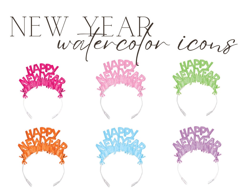 New Years Watercolor Illustration NYE Foil Headband New Years Digital Download Watercolor Icons 2023 New Year's Eve Watercolor Stickers Tags